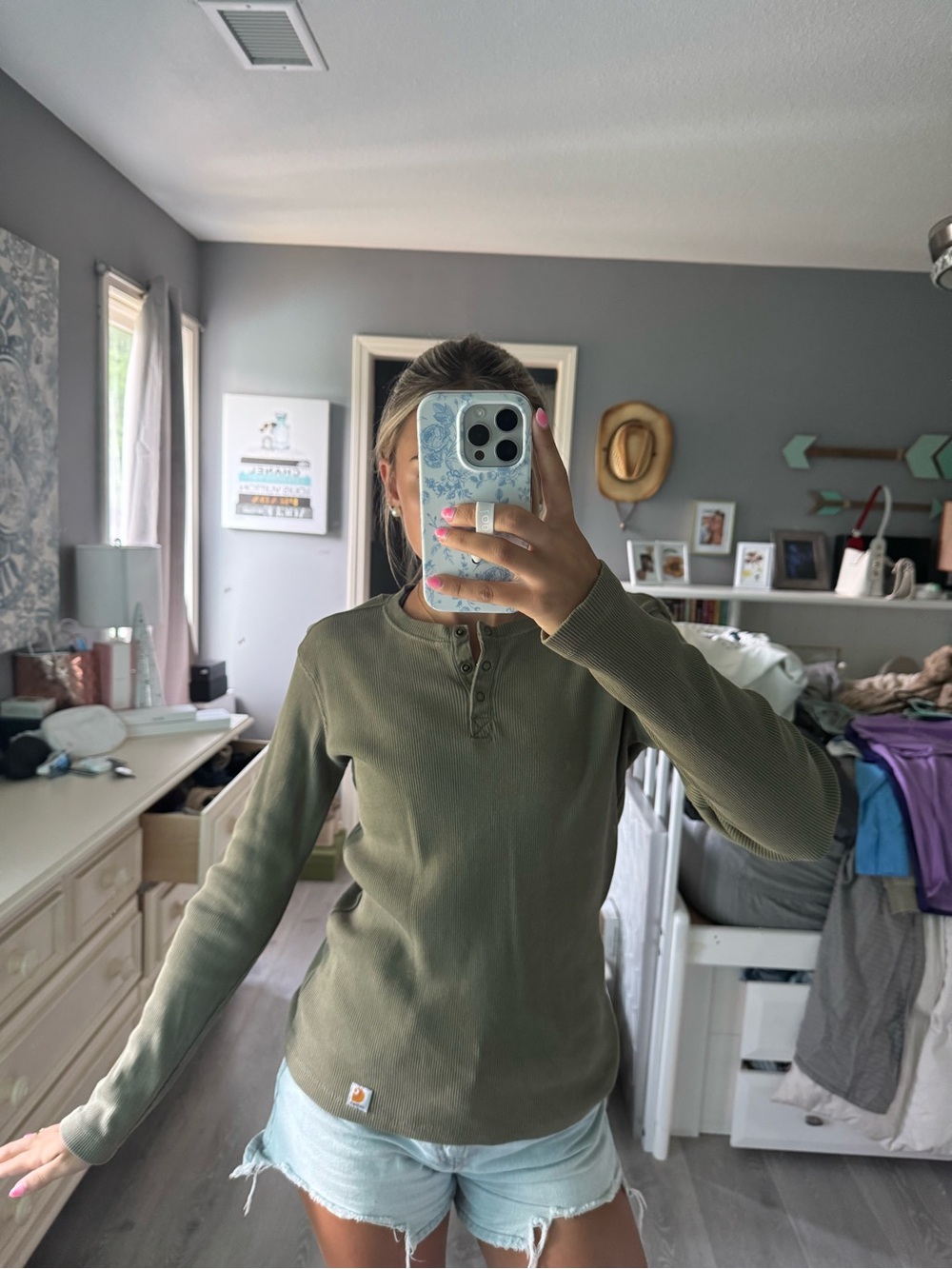 Carhartt Olive Green Henley Thermal Crew Sweater